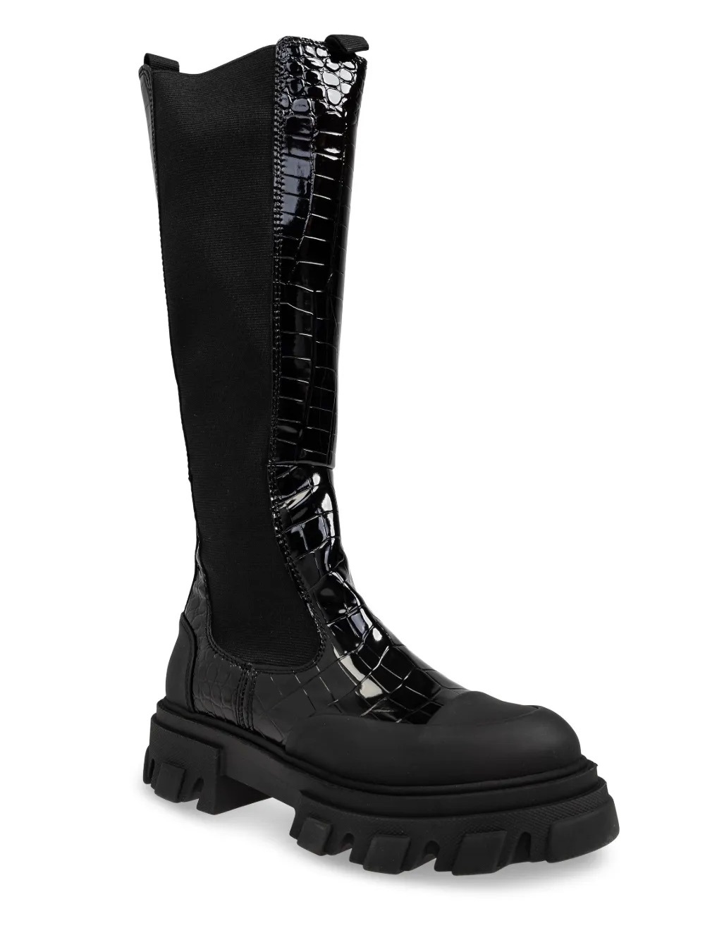 Ganni Black Croc-Embossed Tall Combat Boots